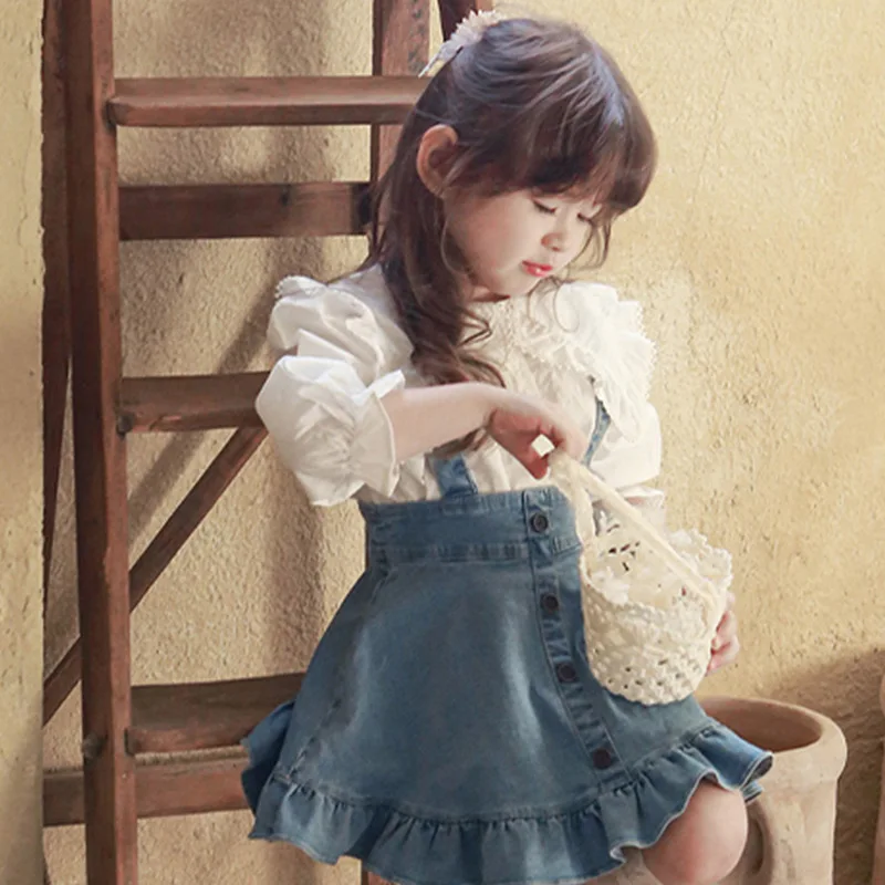 

Children's Clothing Autumn Denim Skirt Girl's Solid Color Strap Ruffle Strap Skirt Denim Half Skirt 2023 Toddler Girl Clothes