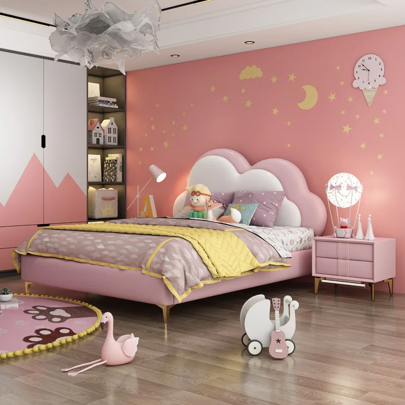 New Design Kids Bedroom Furniture Cartoon Girls and Boys Wooden Single Bed Frame PU Upholstered Children's Bed