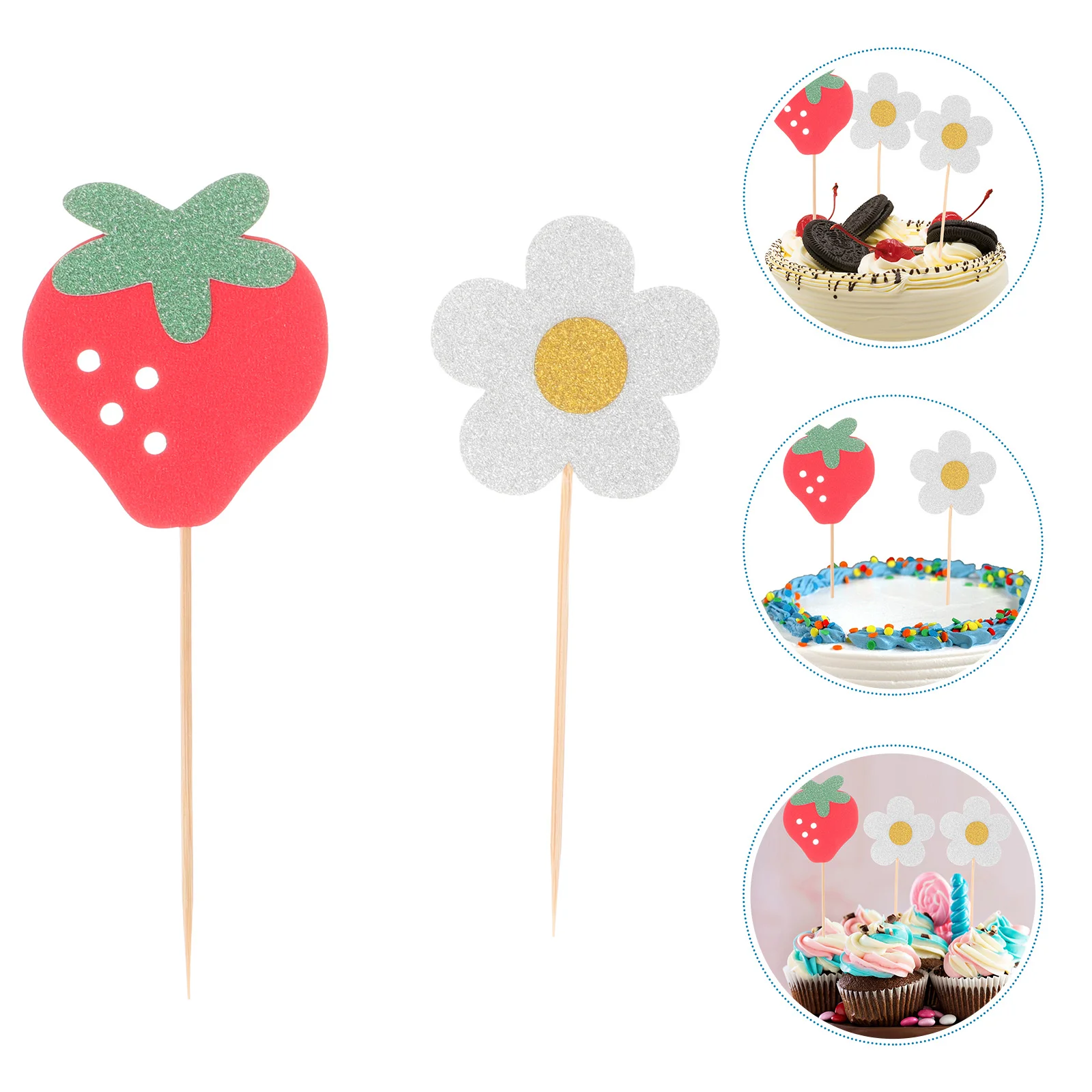 20 pçs bolo de frutas decoração de morango decorações de chá de bebê cupcake topper margarida aniversário flor festa toppers escolhas