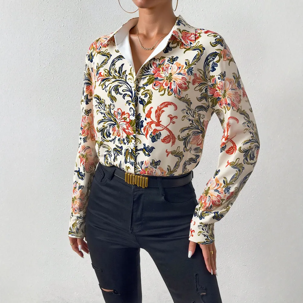 

Mia Muse Select Women's Shirts Autumn Retro Vintage Decent Full Print Single Breasted Long Sleeve Shirt Collar Casual Shirts