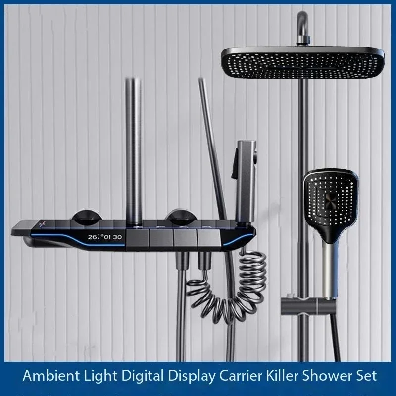 Digital Display Gun Grey Gray White Blue System Intelligent Bathroom  Shower Faucet Set 4-way Rainlfall Mixer Bidet Shower Set