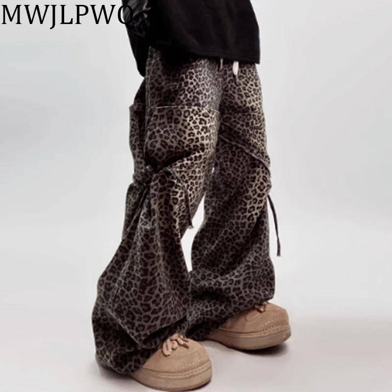 

MWJLPWQ Hiphop Leopard Flared Jeans Men's High Street Lace Up Niche Design Casual Loose Straight Wide Leg Pants Autumn 010695