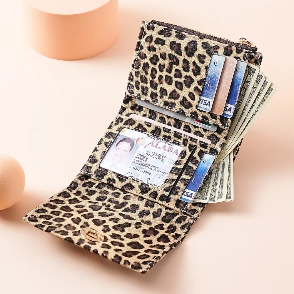 Leopard Print Trifold Wallet Large Capacity Multi-Card Slots Clutch Purse Portable Size Functional Design ID Card Holder
