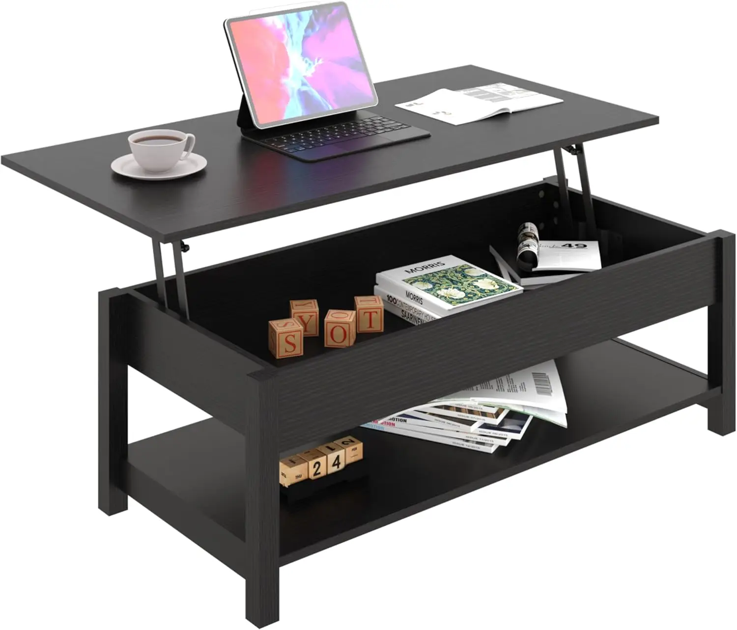 Coffee Table, Lift Top Coffee Table with Hidden Compartment and Open Shelf, Lift Tabletop Pop-Up Coffee Table for Living Room