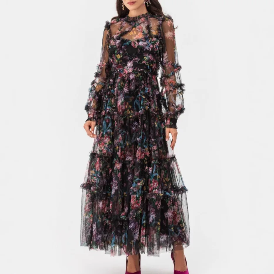 

Floral Print Mesh Long Sleeve High Neck Ruffled Maxi Dress for Women Elegant Vintage Style Party Wedding Guest Dresses 2025