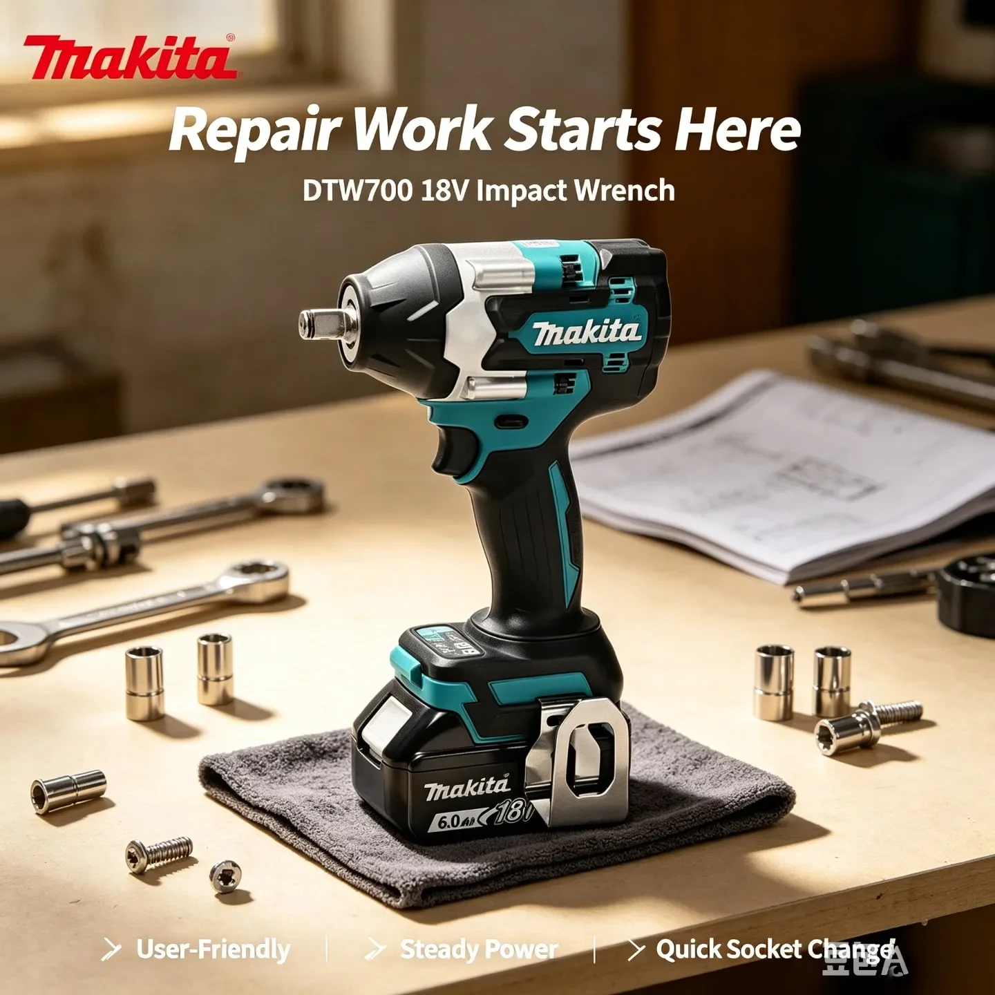 Makita DTW700 1000Nm Hochdrehmoment Akku-Schlagschrauber 18V Elektrisches Schlagwerkzeug Variable Geschwindigkeit Auto-Stopp Batteriepaket