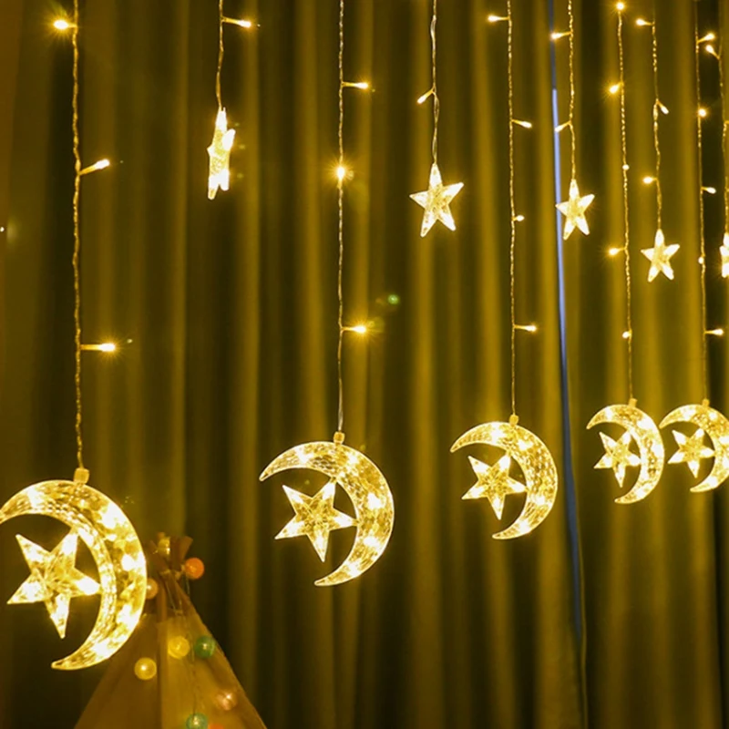 Cadena de luces LED con forma de luna y Estrella, cortina de ventana alimentada por USB con Control remoto, decoraciones de 8 modos, 138