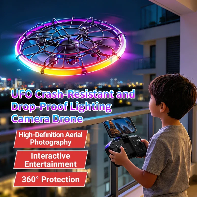 Dron RC JJRC H145 UFO con Lente Dual HD, Luz RGB Fluida, Protección Completa del Cuerpo, Fotografía Aérea, Quadcopter de Juguete