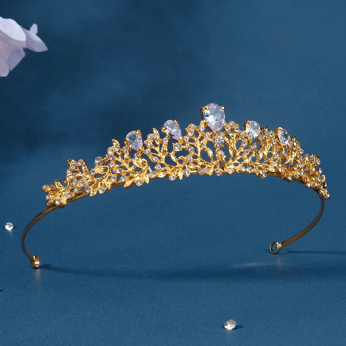 Elegant Gold Leaf Princess Crown Teardrop Crystal Tiara for Girls Flower Girl Headband Wedding Hair Accessories Birthday Party image 3