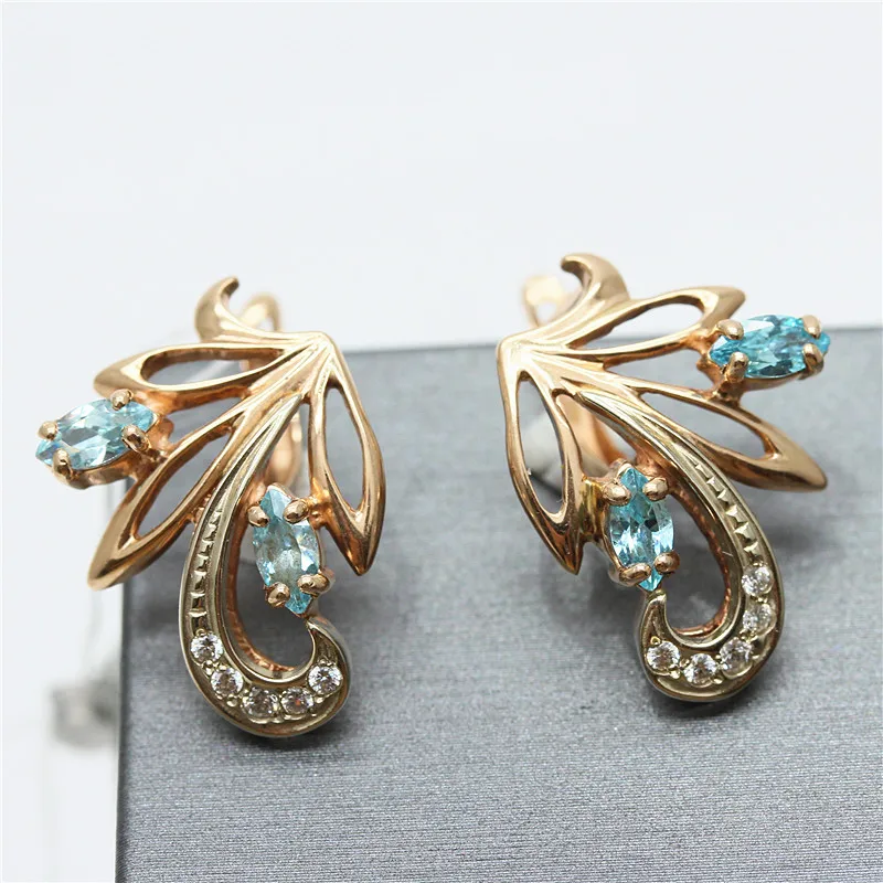 585 Purple Gold Inlaid Blue gemstone Light Luxury earrings for women Fashion Plated 14K Rose Gold earings Wedding Charm Jewelry