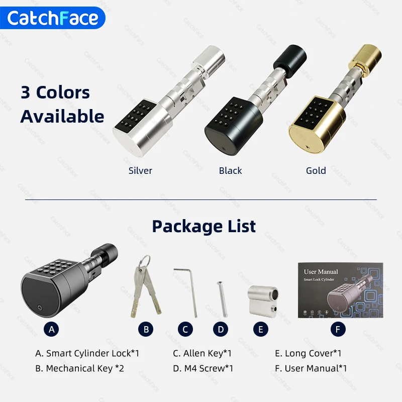 Catchfcae New Adjustable Replacement TTLock APP Fingerprint FRID Card Password Cylinder Electronic Smart Door Lock Digital