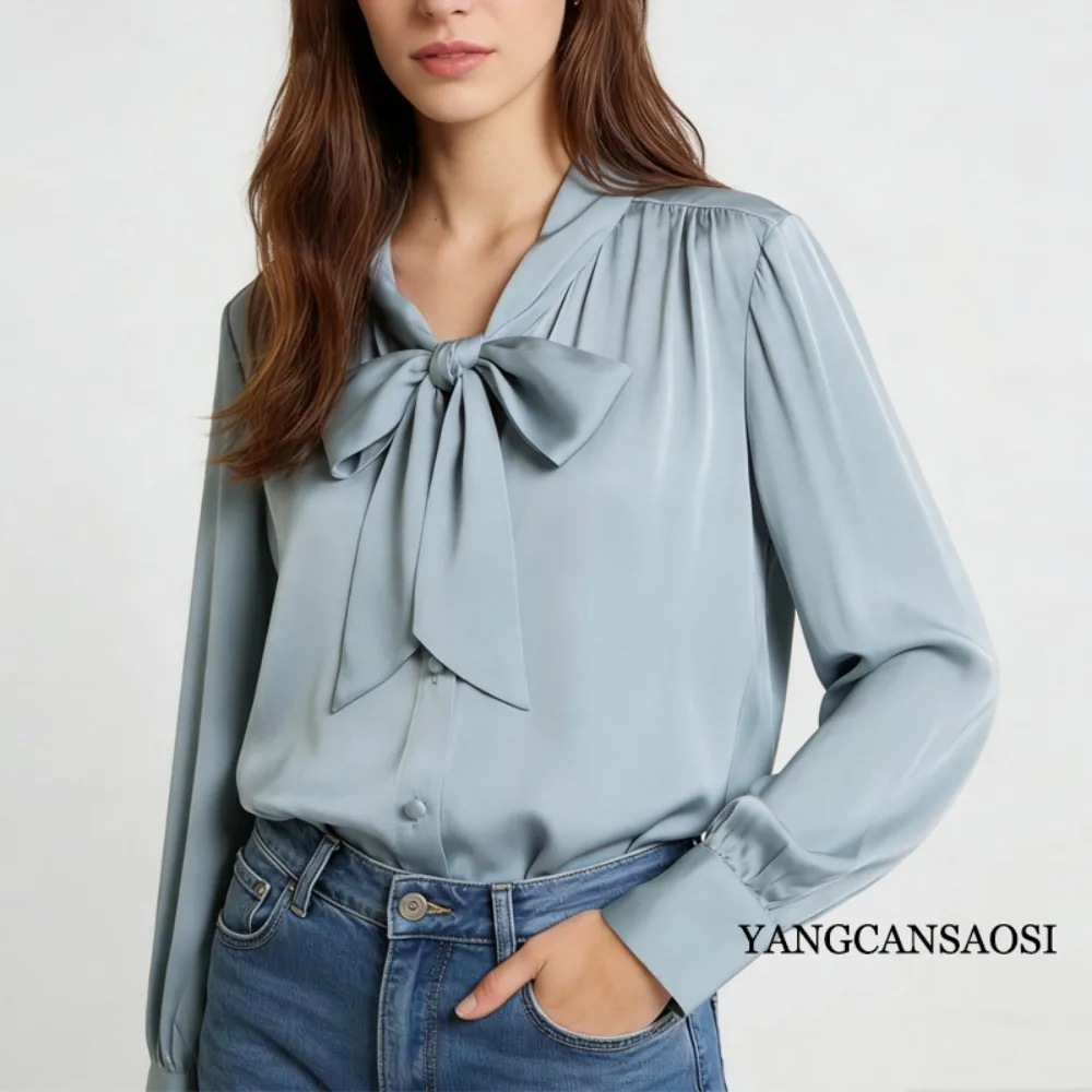 2026 Women's Fashion Spring New Clothing 20MM 93% Natural Mulberry Silk Elastic Double Qiao Satin Long Sleeve Ribbon Shirt view 4