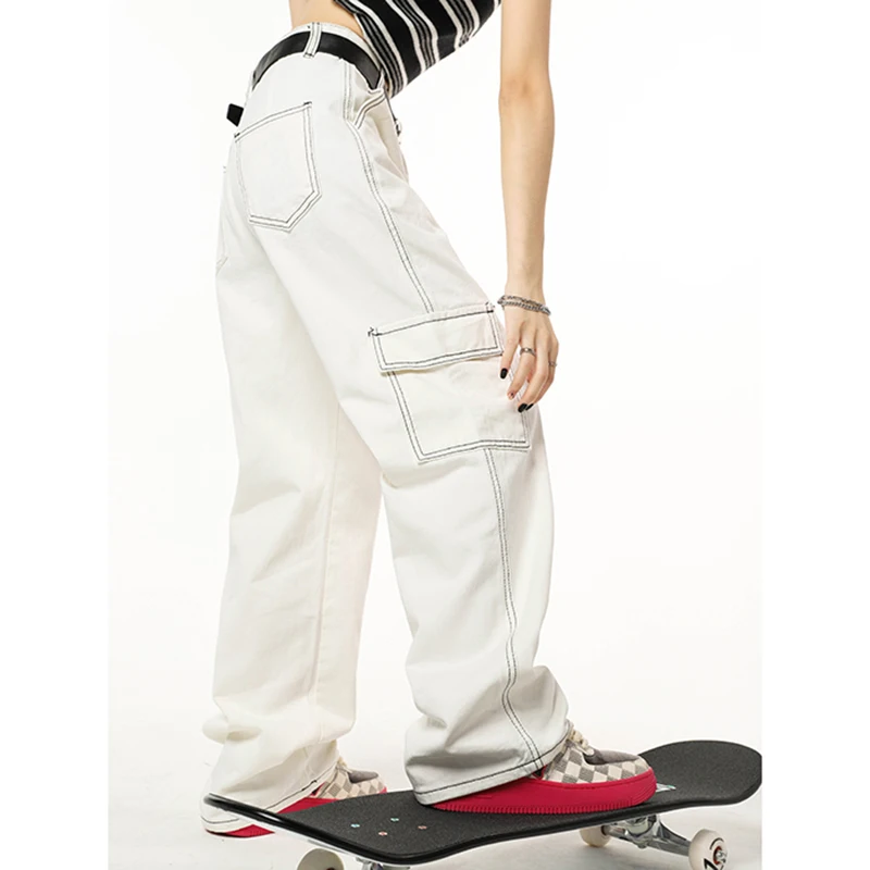 

White Pockets Patchwork Baggy Jeans Fashion Streetwear Women Denim Trouser Loose Cargo Pants Korean Jeans Harajuku