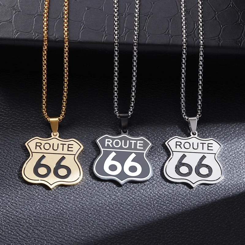 Fashion Route 66 Mother Road Pendant Stainless Steel Necklace Mens Womens Vintage Bike Race Party Jewelry