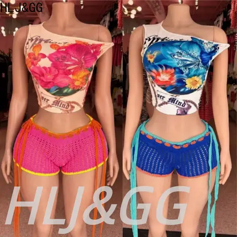 HLJ&GG Trend Y2K Knitting Hollow Bandage Shorts Two Piece Sets Women One Shoulder Print Crop Top And Shorts Outfits Streetwear