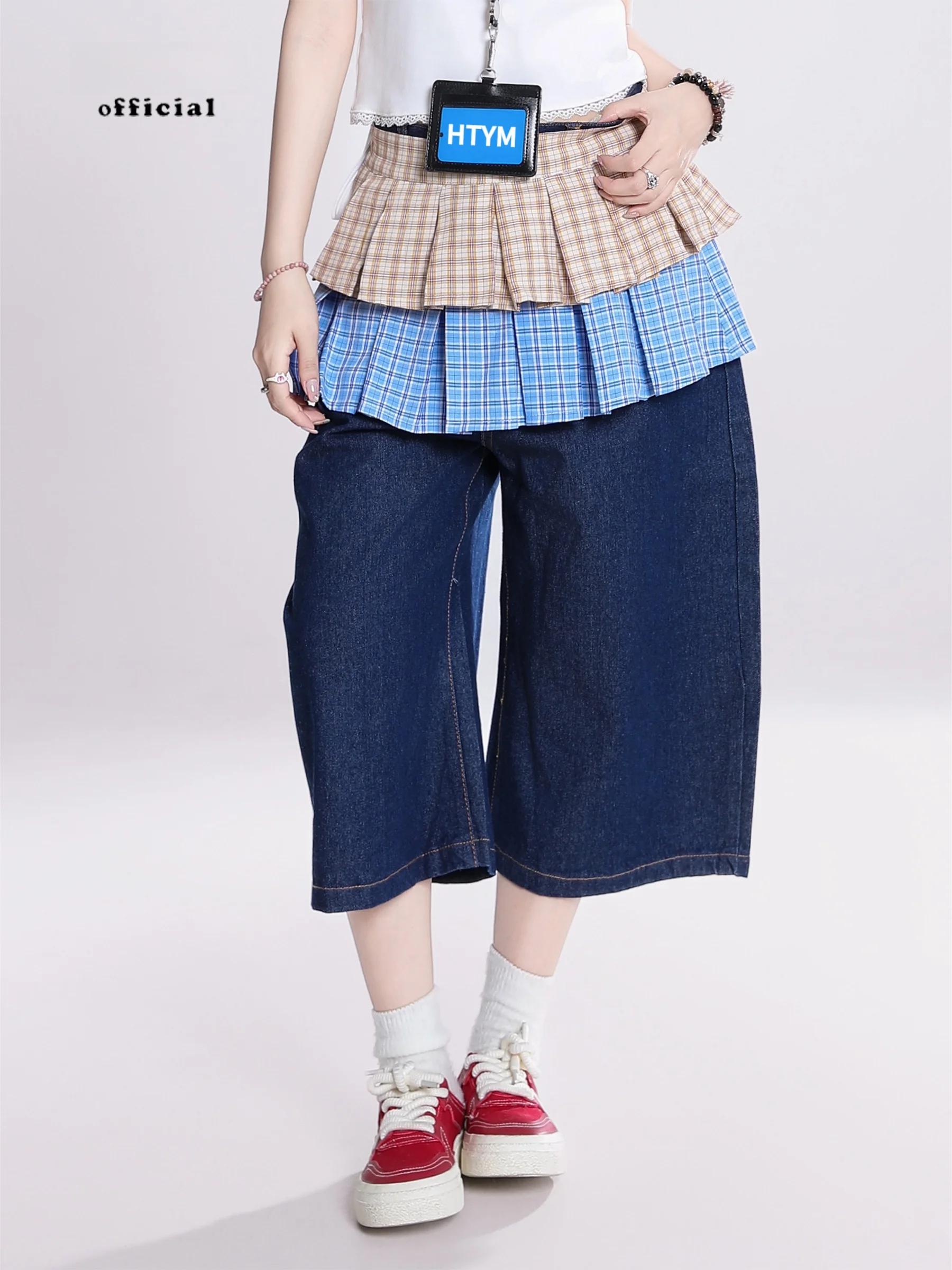 American Retro Detachable Denim Mid-Length Pants Women Summer New High Waist Loose Straight Seven-Foot Trousers Trendy