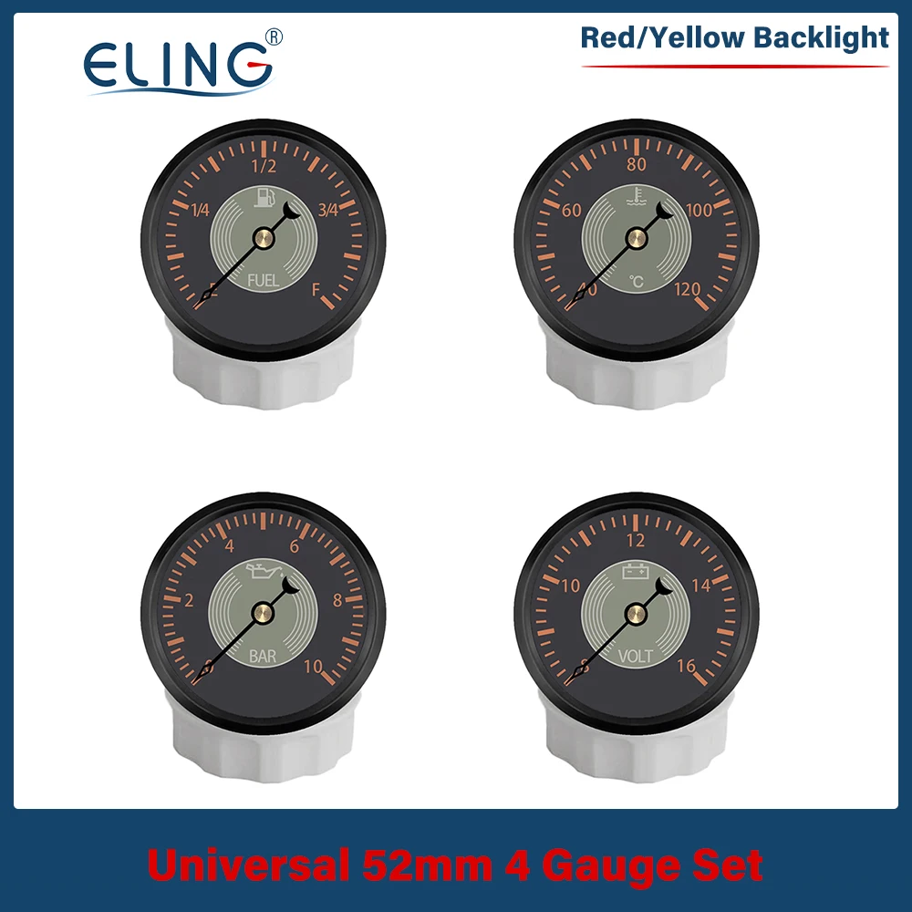 

ELING Newest Marine 4 Gauge Set 52mm Fuel Level Water Temp Oil Press Voltmeter with Red/Yellow Backlight for Car Yacht Universal