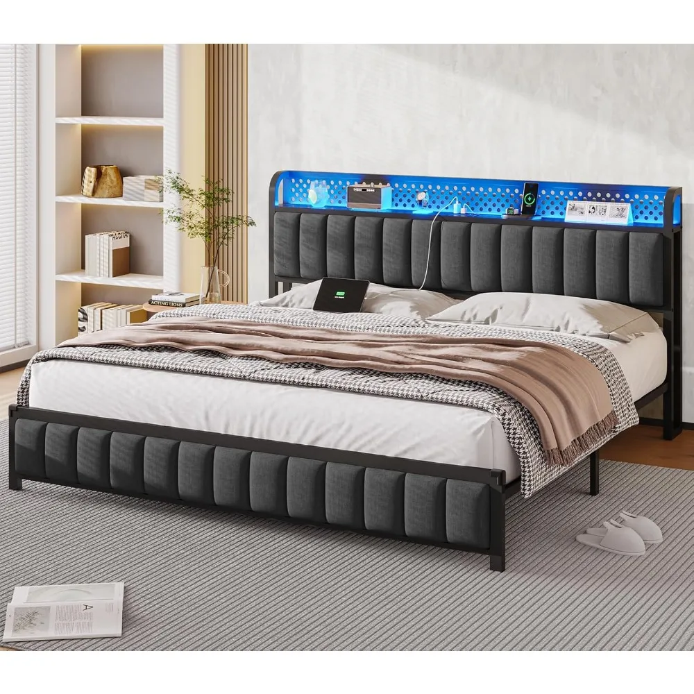 King Size Bed Frame with LED Light Headboard, USB Ports & Outlets, Upholstered King Platform Bed with Channel Tufting Design