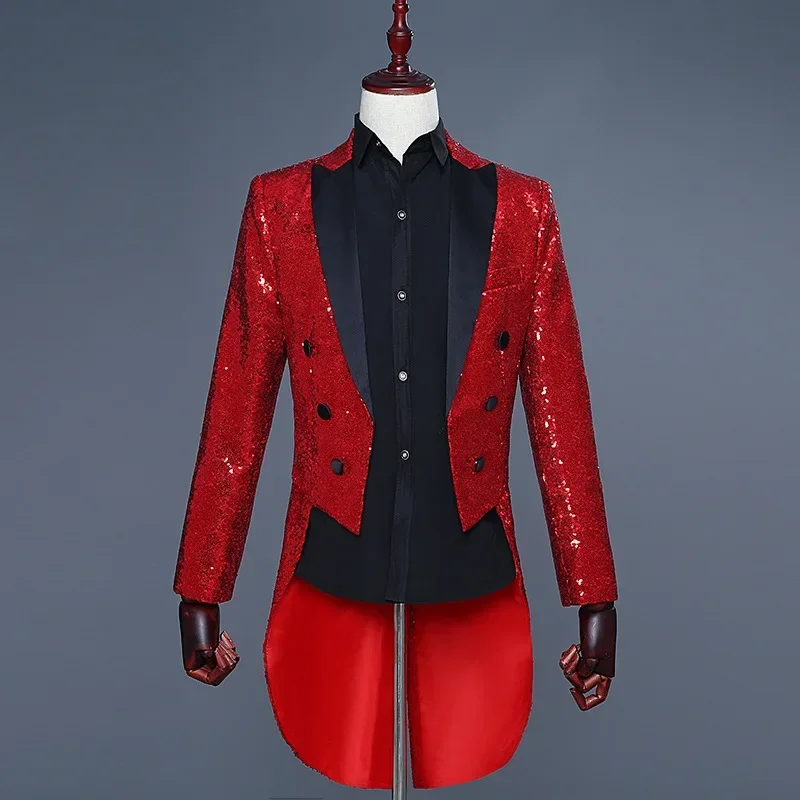 New Shiny Sequin Tailcoat Swallowtail Suit Jacket Blazer For Men Party Show Tuxedo Dress Coat Dinner Wedding Stage Costume Homme