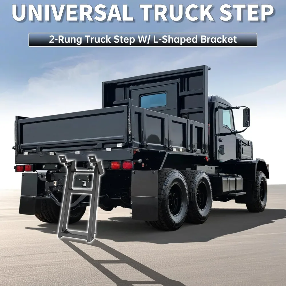 Opstapsladder met 2 treden, intrekbare achterklep, zwart gepoedercoat, zware stalen vrachtwagenbedladder met L-vormige beugel 27