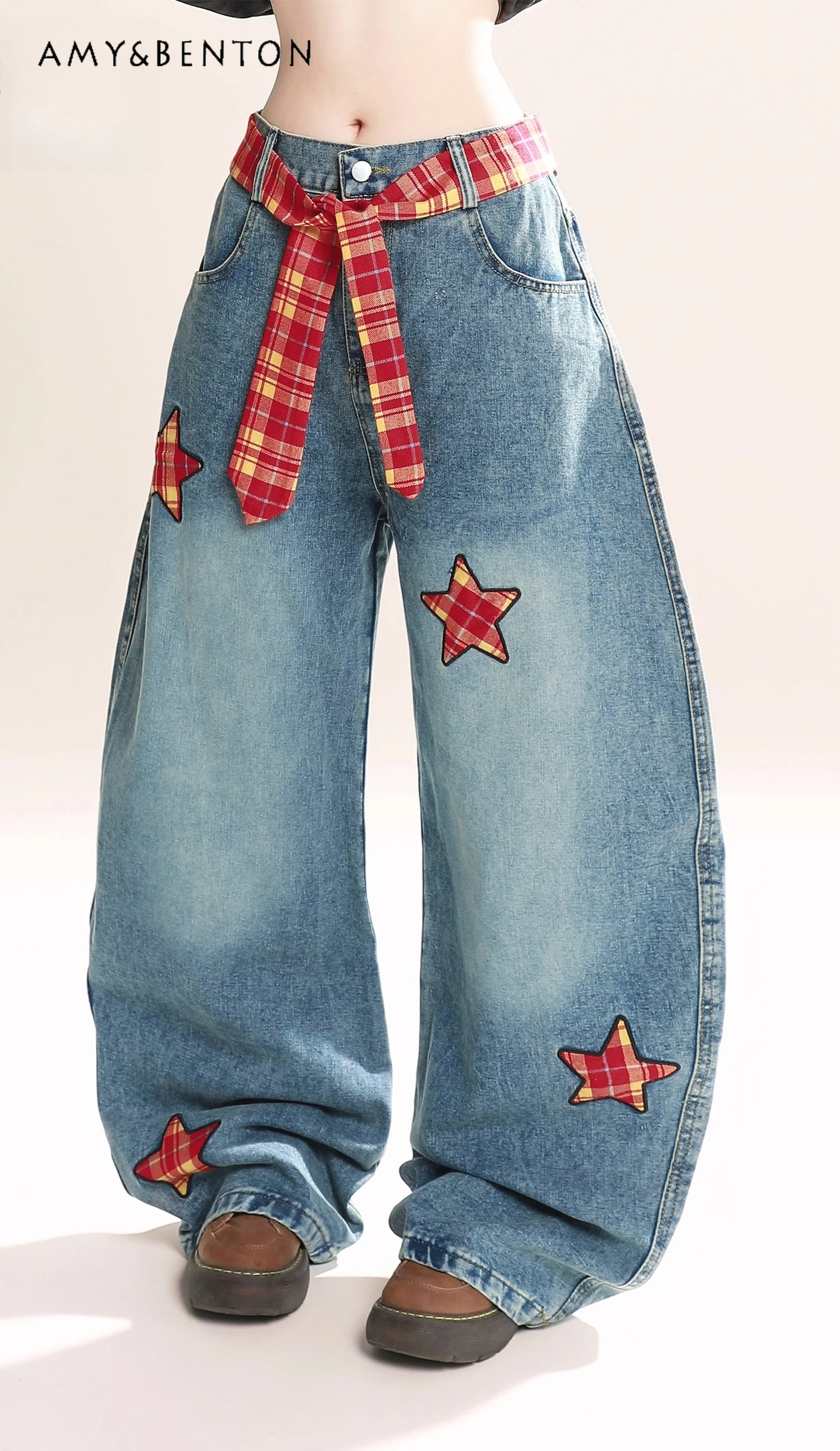 

2025 Spring and Autumn American Retro Style Blue Star Patch Embroidery Plaid Belt Casual Daily Loose Wide-Leg Jeans