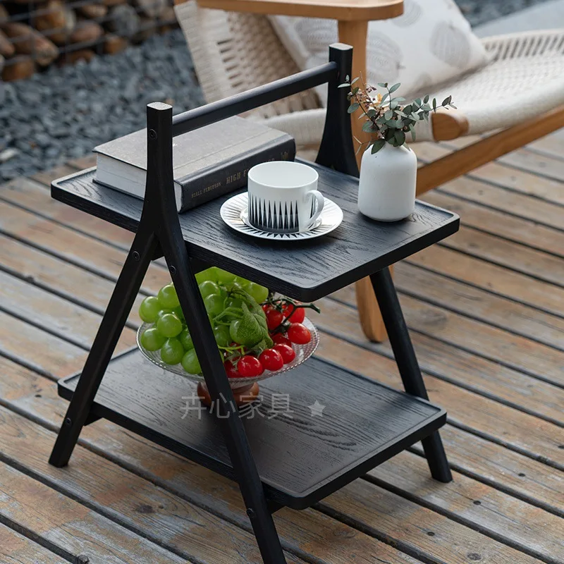 Solid wood mobile coffee table shelf simple vintage ash living room bedroom study double shelf small side table