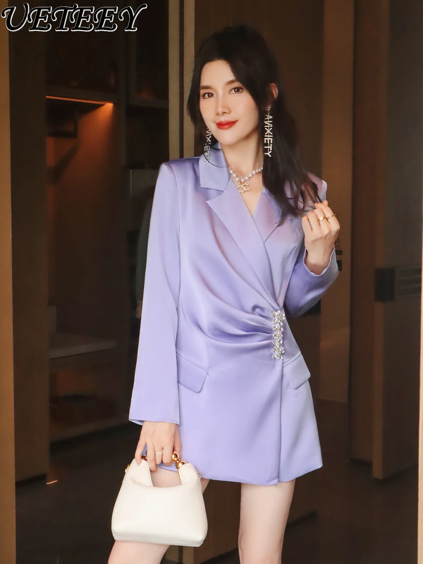 Socialite Light Luxury Light Purple French Rhinestone Pleated Dresses Waist Slimming Temperament Commute Suit Dress for Women