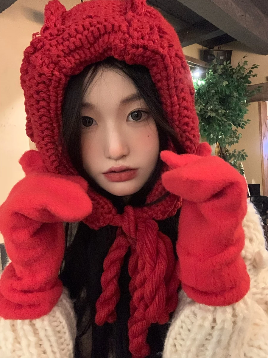 Balaclava women's autumn and winter Korean version of all the warm hat knitted hat neck protector