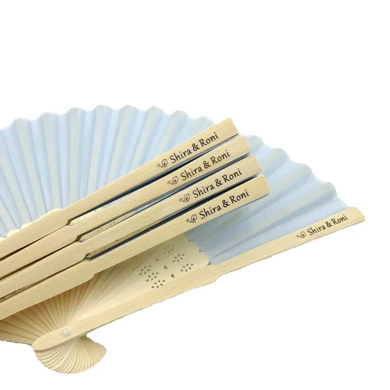 

Organza hand fan with screen printed logo for bride and groom names
