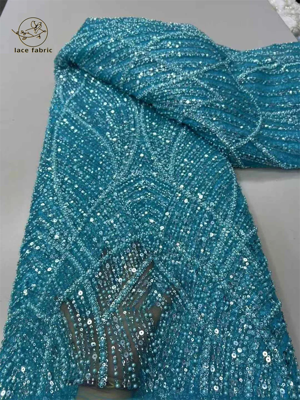 

African Heavy Beaded Lace Fabrics 2025 High Quality 5 Yards Sequins French Tulle Bead Lace for Wedding Party Dresses Nigerian