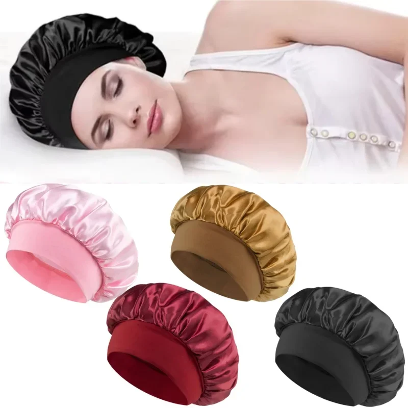 1/2 pièce Bonnet de nuit luxueux en satin doux à large bord, unisexe, avec bande élastique, pour la douche, le sommeil quotidien et les soins capillaires