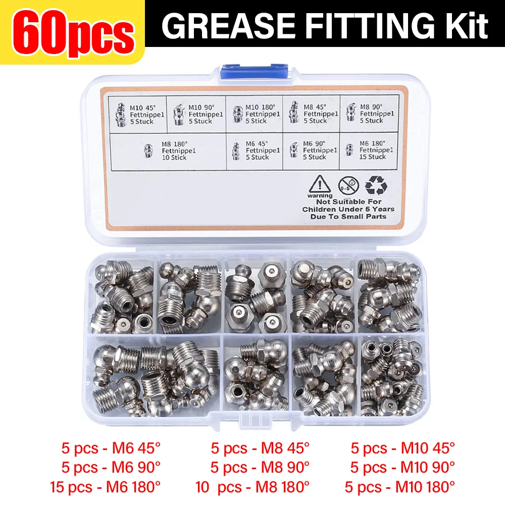 60/120Pcs Galvanized Metal Grease Nipple Fittings Kit Straight 45°/90°/180°Angle M6/M8/M10 Grease Nipple Kit With Storage Box