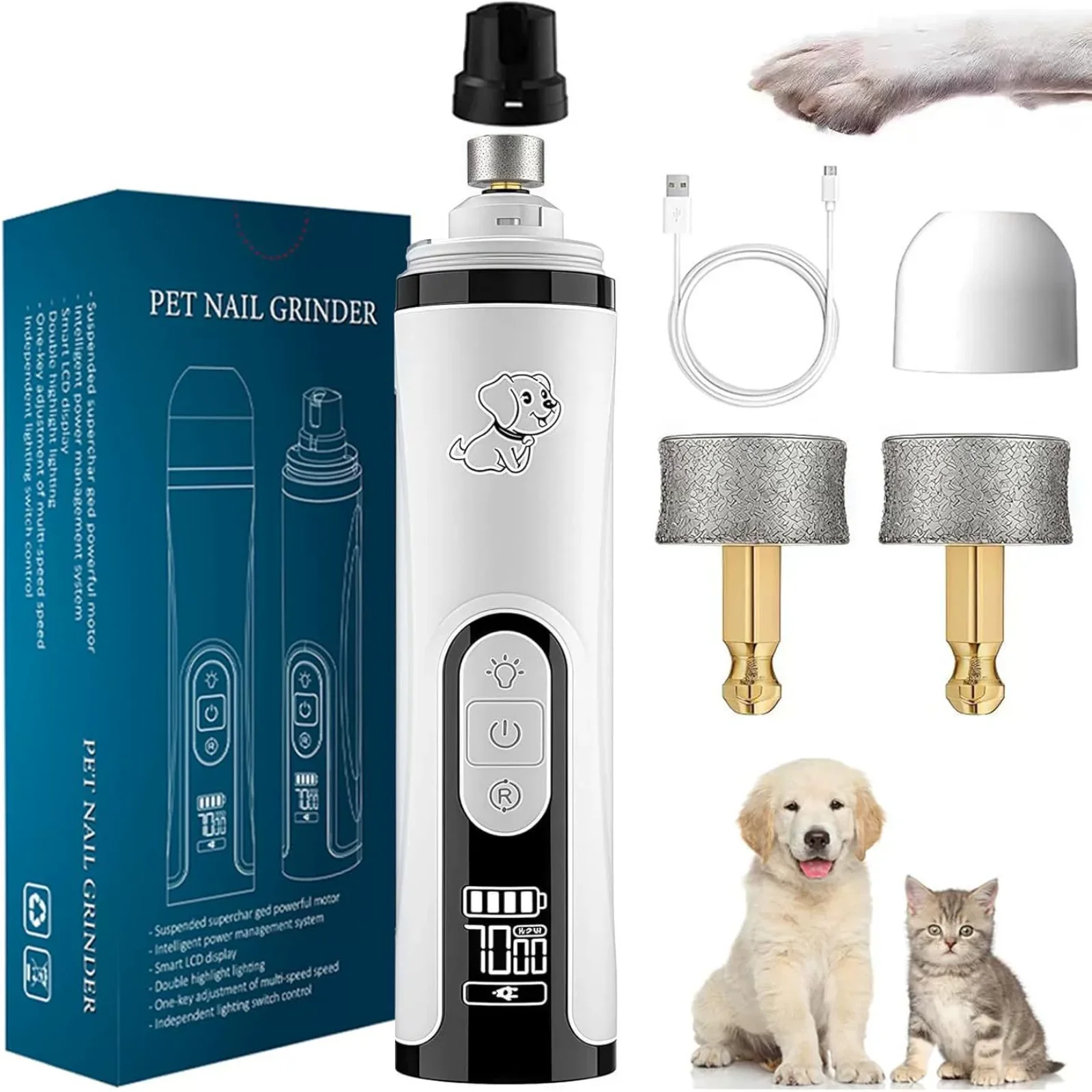 

Pet Nail Grinder Upgraded Electric 3 Speed Adjustment Double LED Lights 2000mAh Battery for Cats Dogs