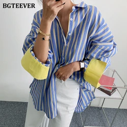 BGTEEVER Spring Turn-down Collar Ladies Striped Shirts Casual Loose Single-breasted Long Sleeve Women Blouses