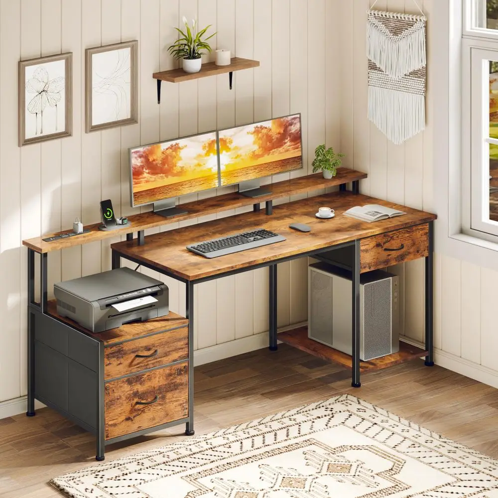 55 Computer Desk with LED Lights amp Power Outlets, Reversible Home Office Desk with File Fabric Drawers, Printer Space, Monito