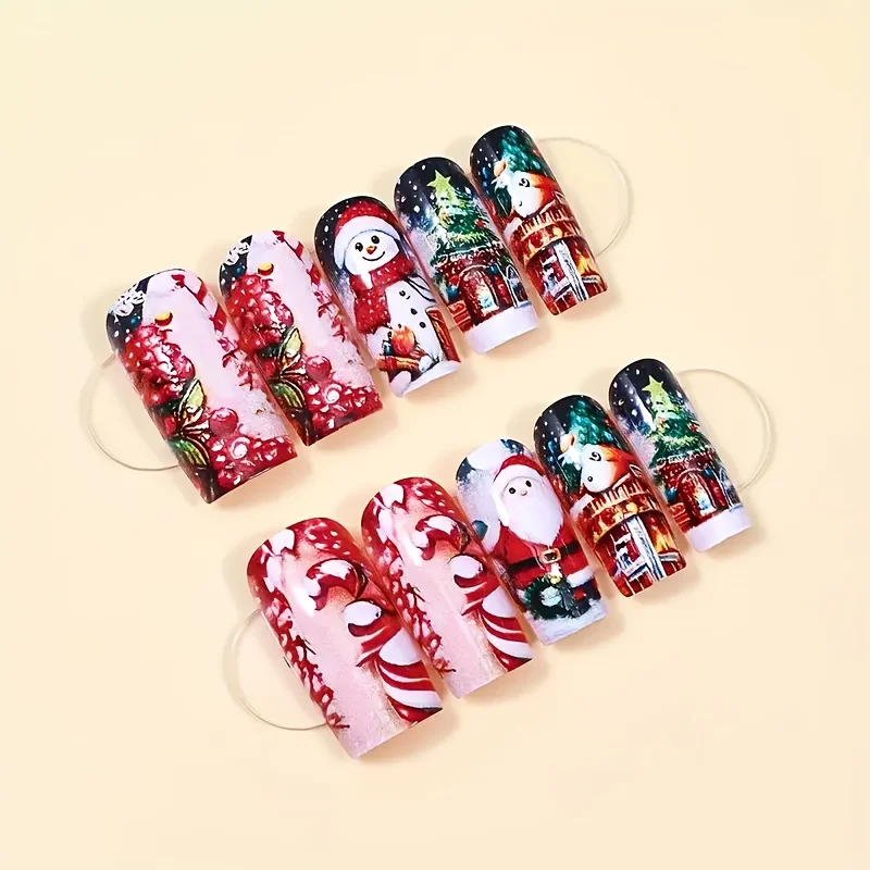 24 قطعة عيد الميلاد ندفة الثلج سانتا كلوز شجرة عيد الميلاد مربع مسمار الفن الصحافة على الأظافر مع شرائط ملف الغراء هلام #2