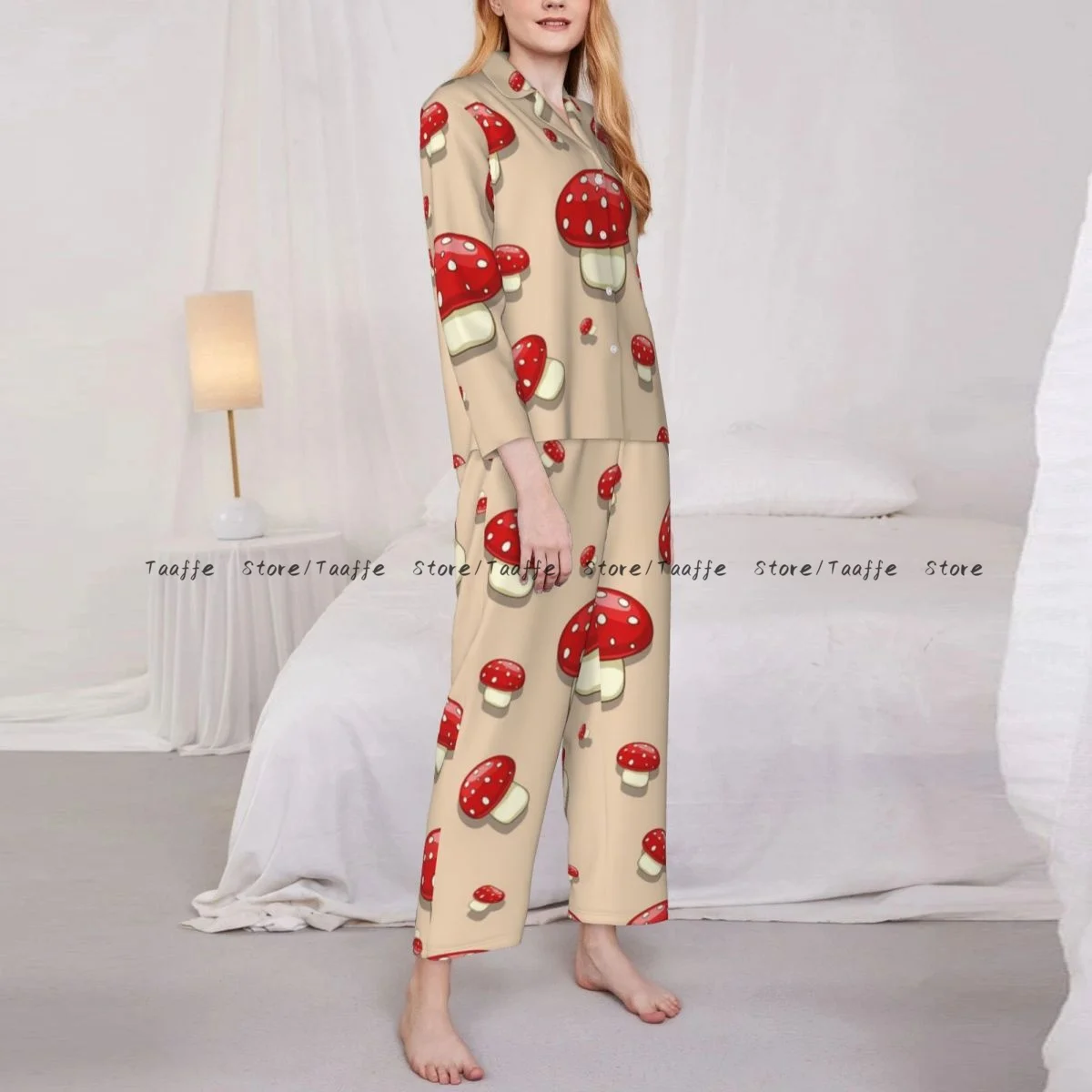 Woodland Spotted Forest Cartoon Mushroom Womens Pajamas Loungewear Two-piece Sleepwear Button-Down Full Sleeve Long Pajamas Set