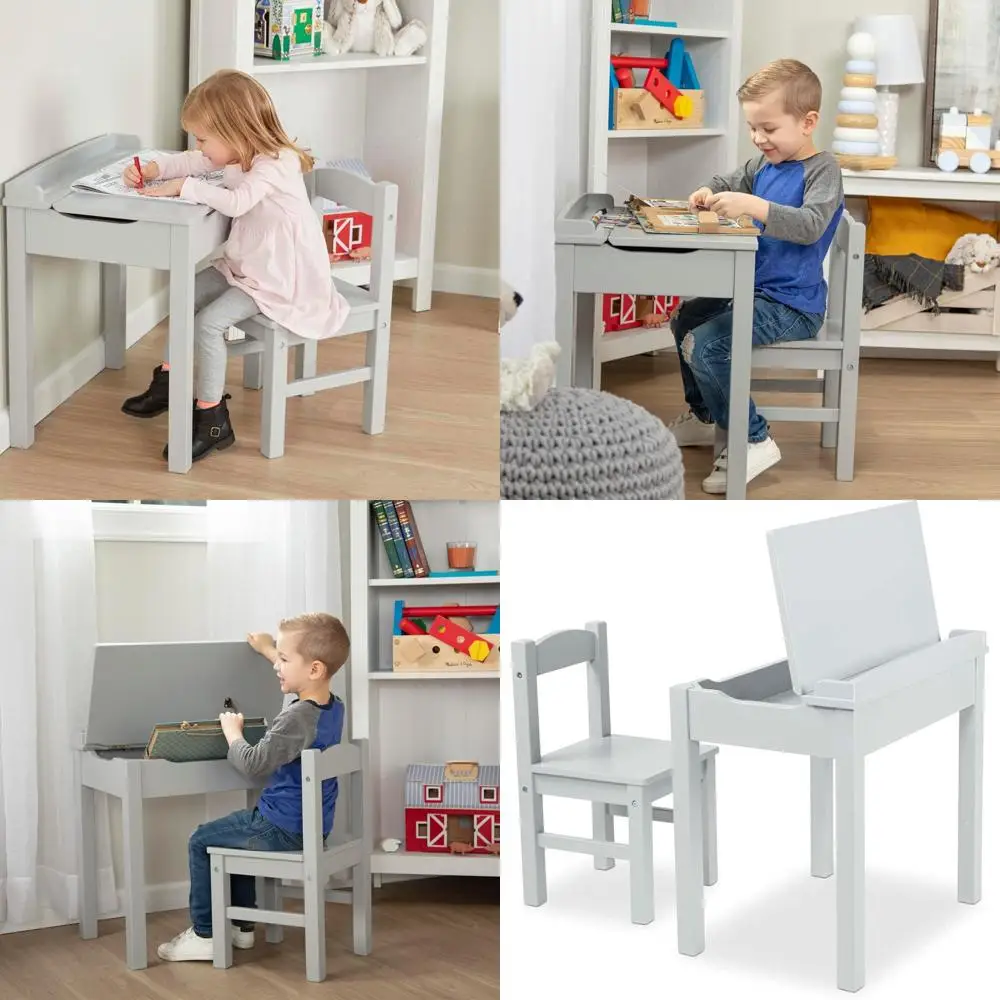 

Gray Wooden Desk with Lift-Top and Matching Chair