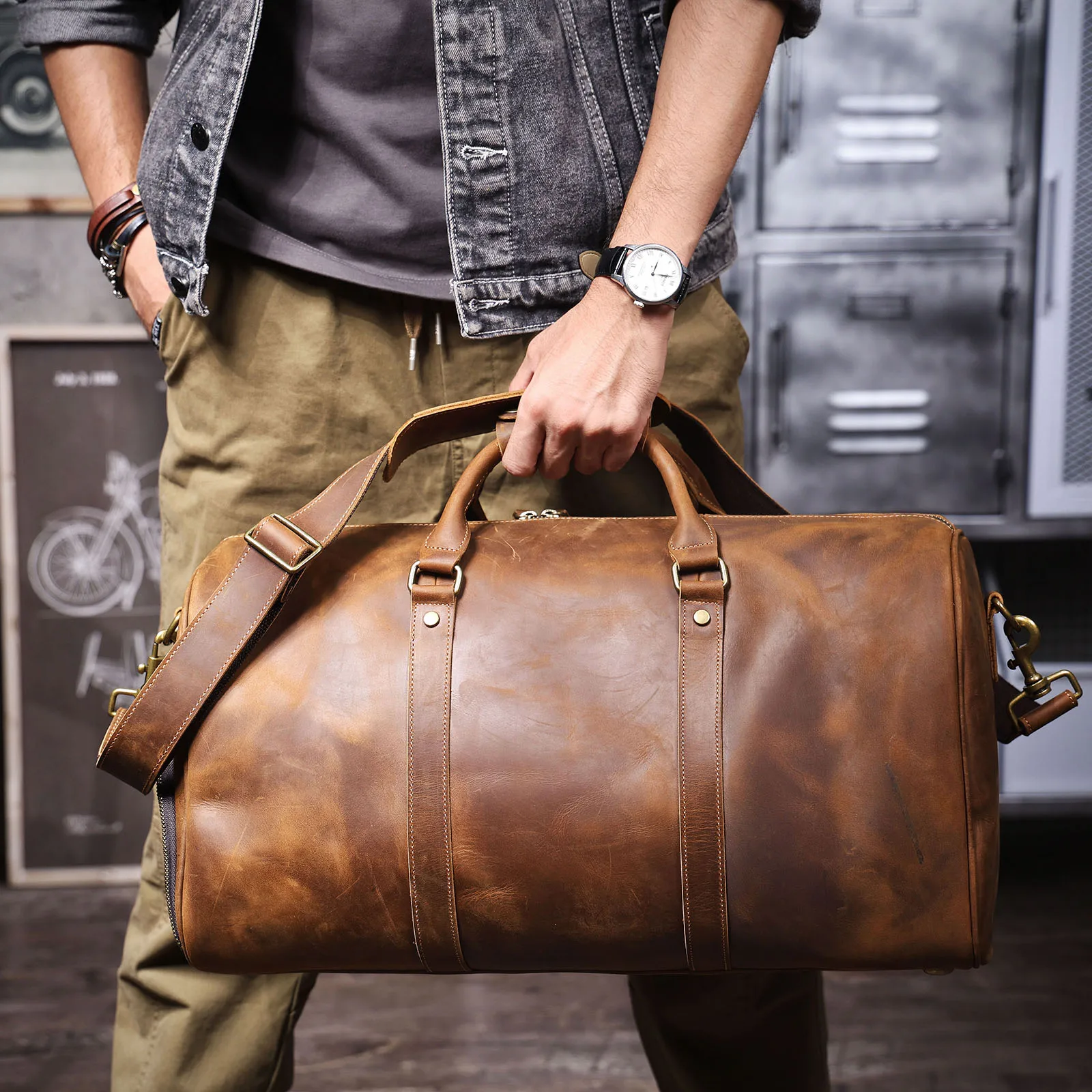 S.WORKER Vintage Vollnarbenleder Herren-Reisetasche Handgefertigte Weekender-Reisetasche – Detail 5