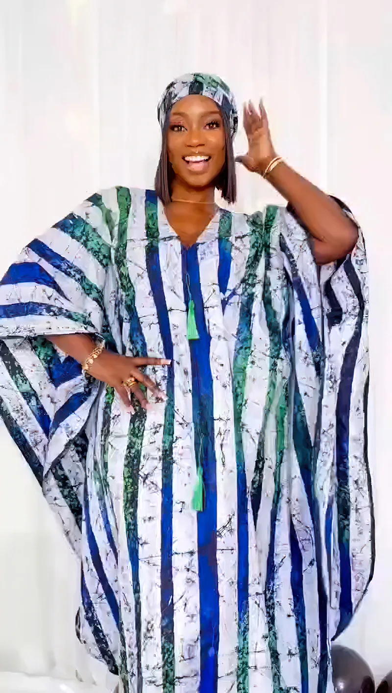 

Fashion 2024 African Dresses Women Batwing Sleeve V-neck Pattern Tassel Stripe Print Loose Party Maxi Dress Loose Dashiki Dress