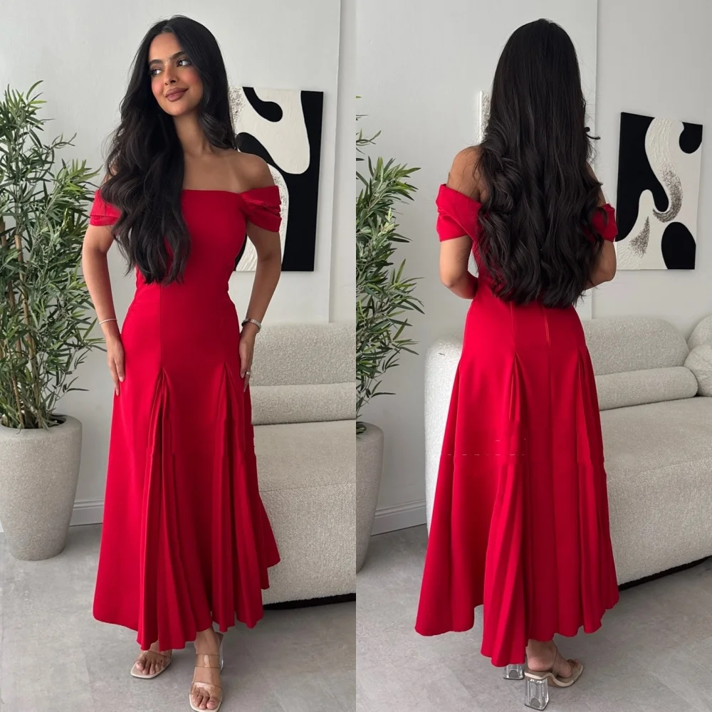 

Customized Formal Matching Jersey Pleat Ruched Draped A-line Off-the-shoulder Midi Dresses Bespoke Occasion Dresses High Quality
