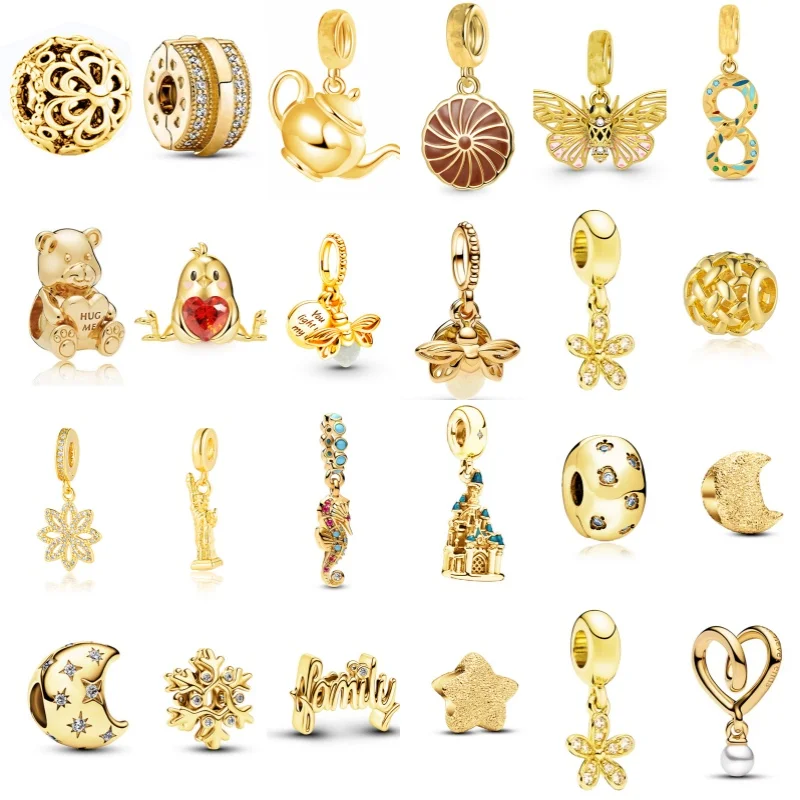 Nuova serie in oro di vendita calda: orso, cuore ad incastro con perla e teiera lucida con perline, gioielli fai da te per collana e braccialetto