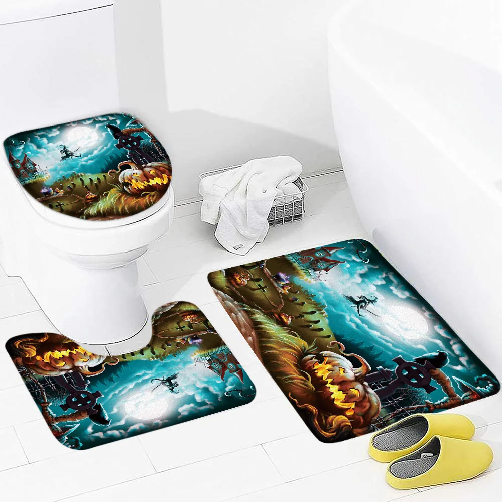 

Terror Halloween Decor Bathroom Mat Moon Night Forest Bat Tombstone Pumpkin Lantern Witcher Non Slip Toilet Cover Set Bath Rugs