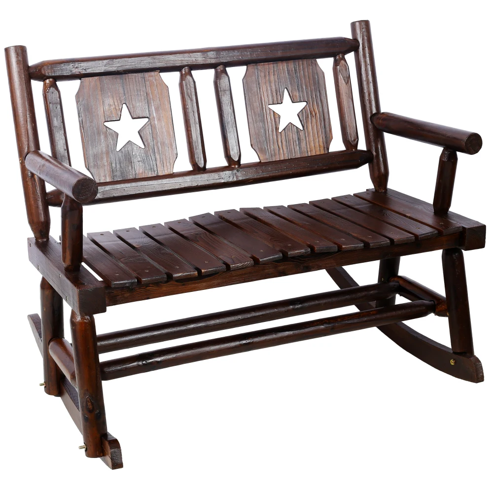Carbonized Wood Double Rocking Bench - Wide Curved Seat, Rustic Brown for Porch&Garden&Backyard