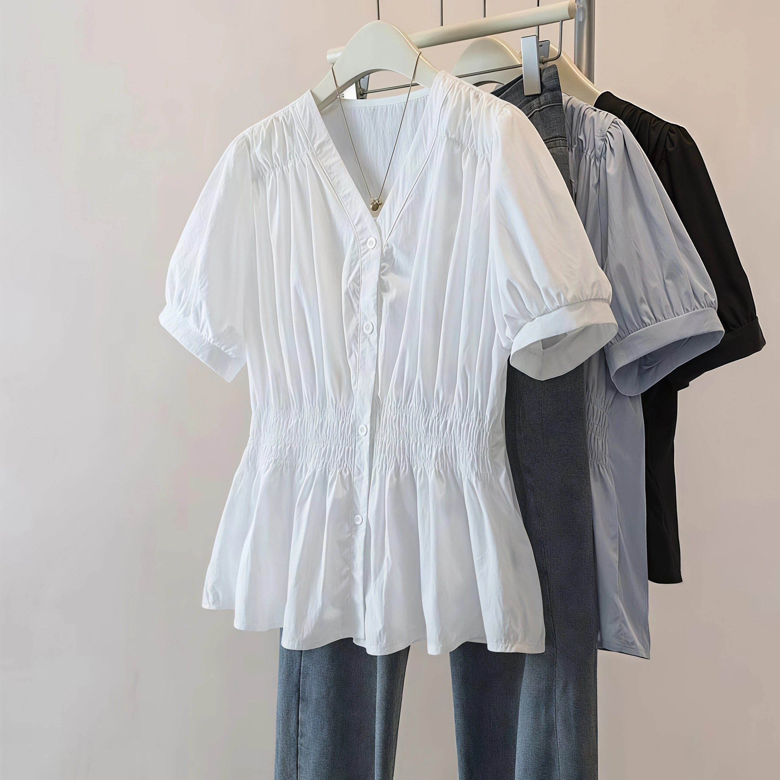 Women V Neck Puff Short Sleeve Shirt Elastic Waist Ruched Peplum Blouse Solid Color Elegant Office Ladies Casual Summer Button