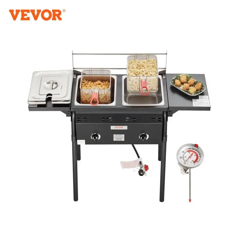 VEVOR Outdoor Propane Deep Fryer Double Burners Commercial Fryer 16 Qt Stainless Steel Cooker Oil Fryer Cart For Outdoor Cooking