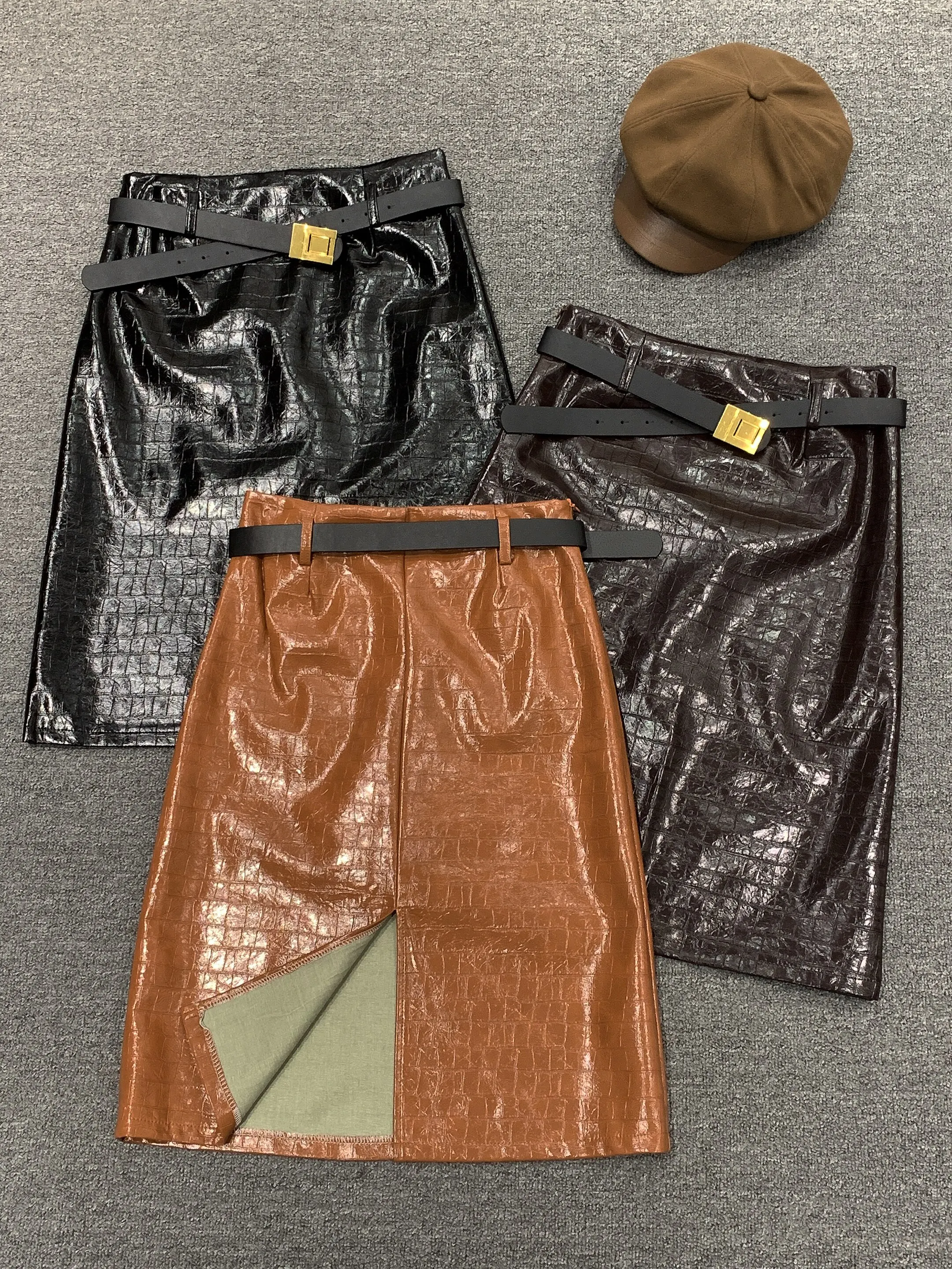 Women's Spring Autumn Back Split Pu Leather Long Skirt Lady Vintage Solid Color High Waist Faux Leather A Line Skirt