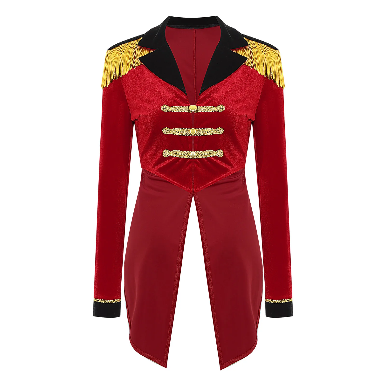 

Womens Halloween Showman Cosplay Costume Circus Ringmaster Tailcoat Lapel Long Sleeve Velvet Vintage Jacket Carnival Outerwear