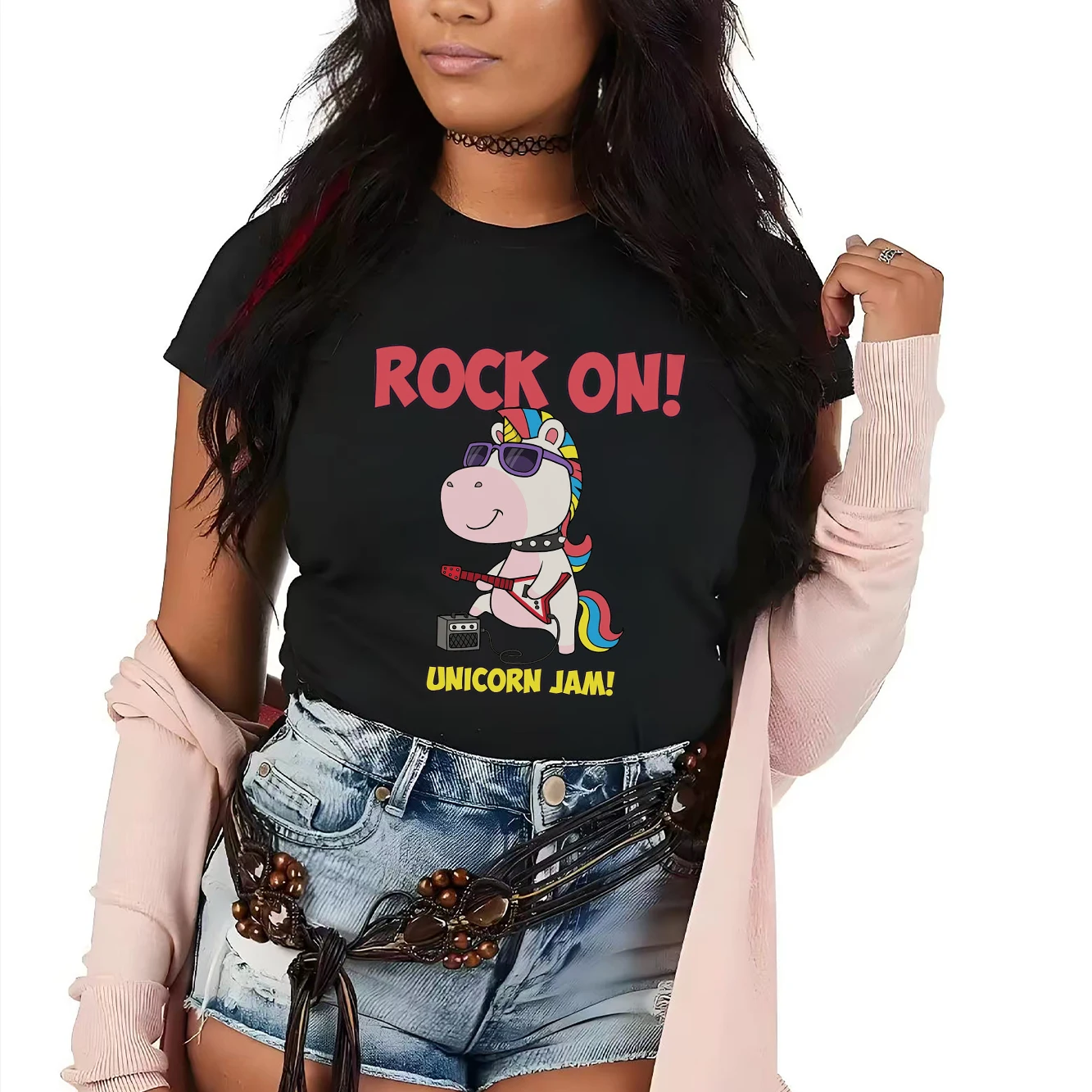 

DJ unicorn fun print highlights personality cute fashionable and comfortable women's round neck T-shirt
