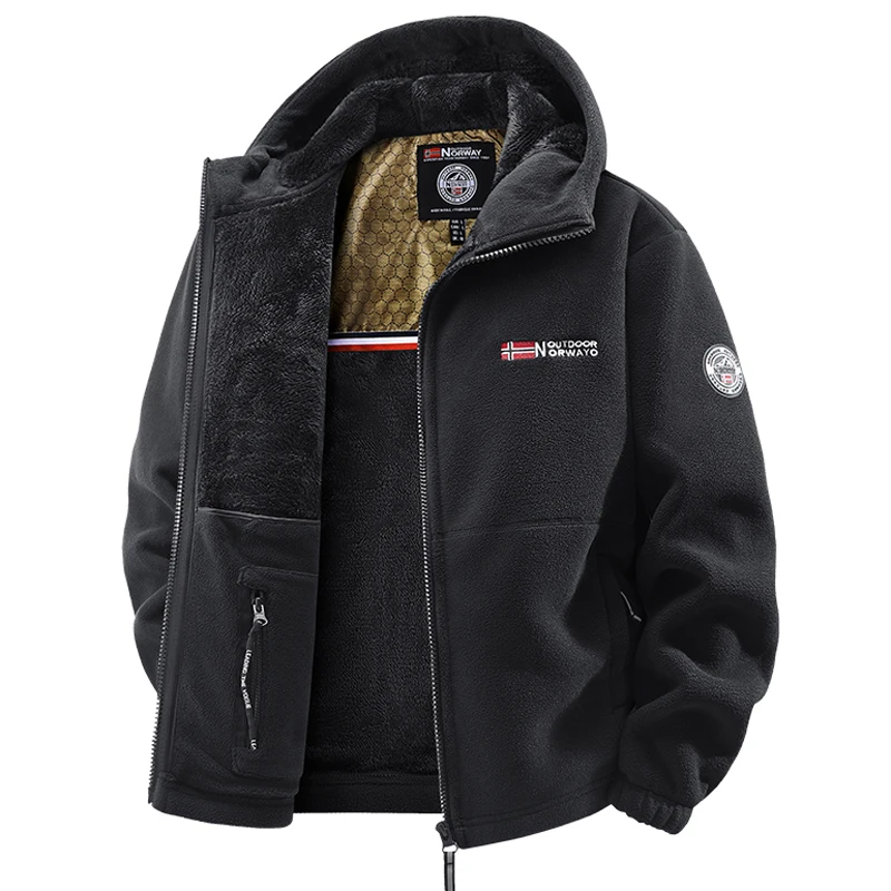 جديد 2025 سترة بغطاء للرأس من الصوف القطبي للرجال لخريف وشتاء خارجي سميك ودافئ سترات للرجال للتنزه والتخييم ملابس